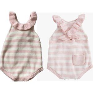 Mud Pie 0-3m 6-9m NWT pink white stripe sweater knit bubble romper ruffle strap
